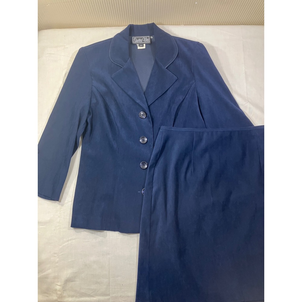 Suits Us Navy Blue Faux Suede Skirt Suit Set Blazer Skirt Size 5/6 Officecore